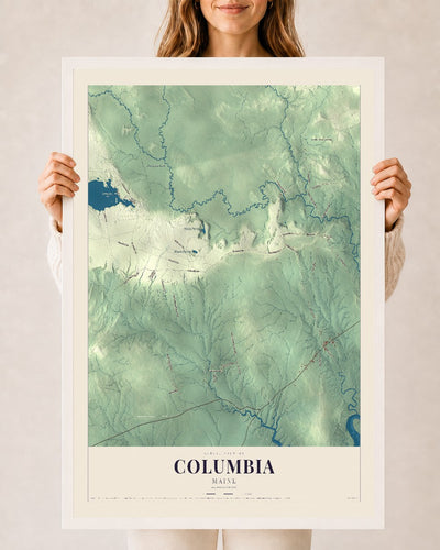 Columbia, Maine map print - 24 x 36 white Ayous wood frame