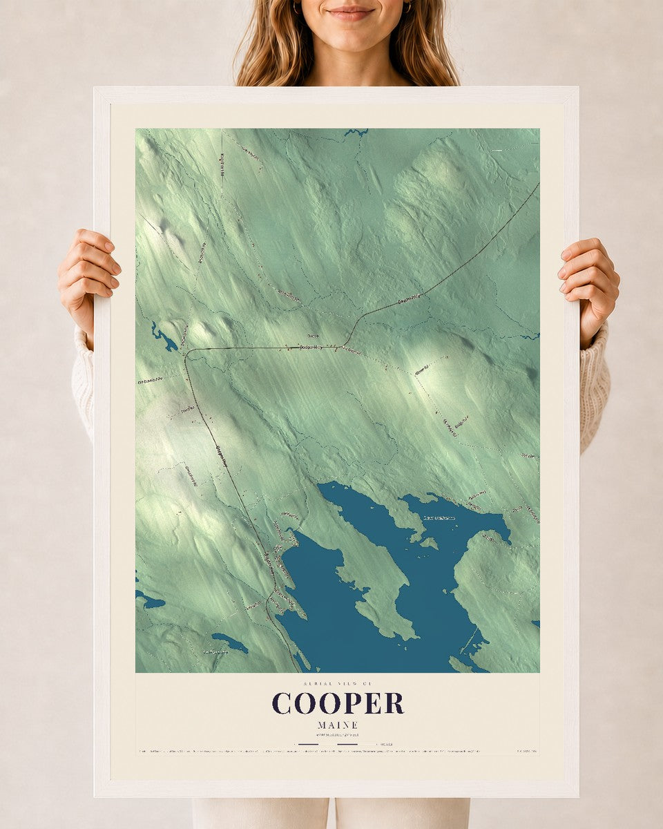 Cooper, Maine map print - 24 x 36 white Ayous wood frame