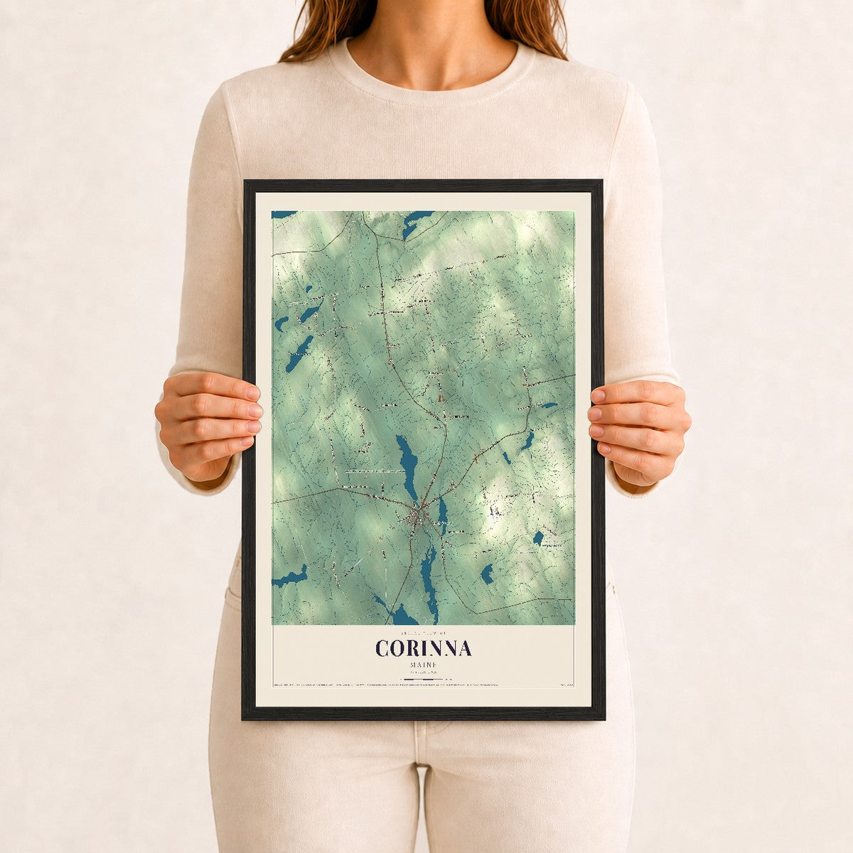 Corinna, Maine map print - 12 x 18 black Ayous wood frame