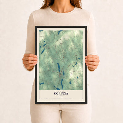 Corinna, Maine map print - 12 x 18 black Ayous wood frame