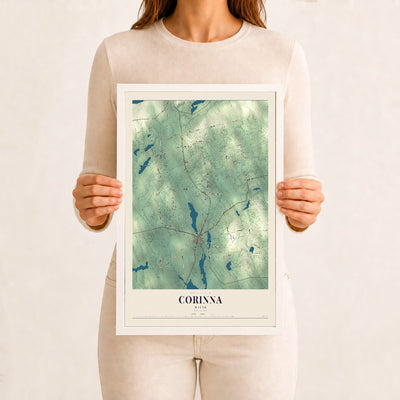 Corinna, Maine map print - 12 x 18 white Ayous wood frame