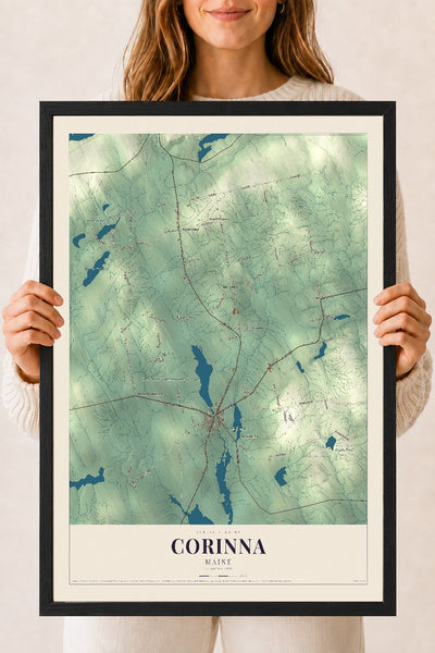 Corinna, Maine map print - 18 x 24 black Ayous wood frame
