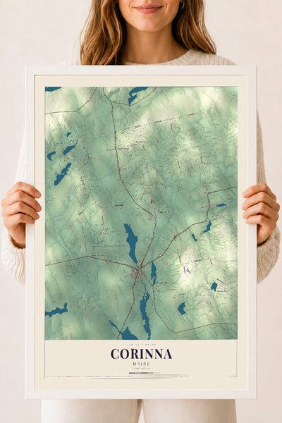 Corinna, Maine map print - 18 x 24 white Ayous wood frame