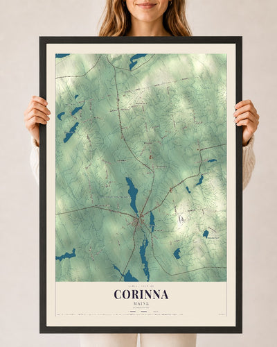 Corinna, Maine map print - 24 x 36 black Ayous wood frame