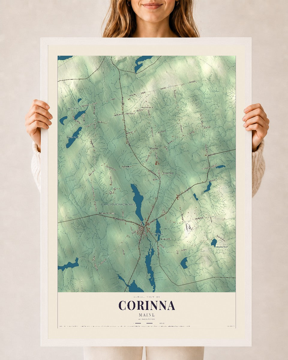 Corinna, Maine map print - 24 x 36 white Ayous wood frame