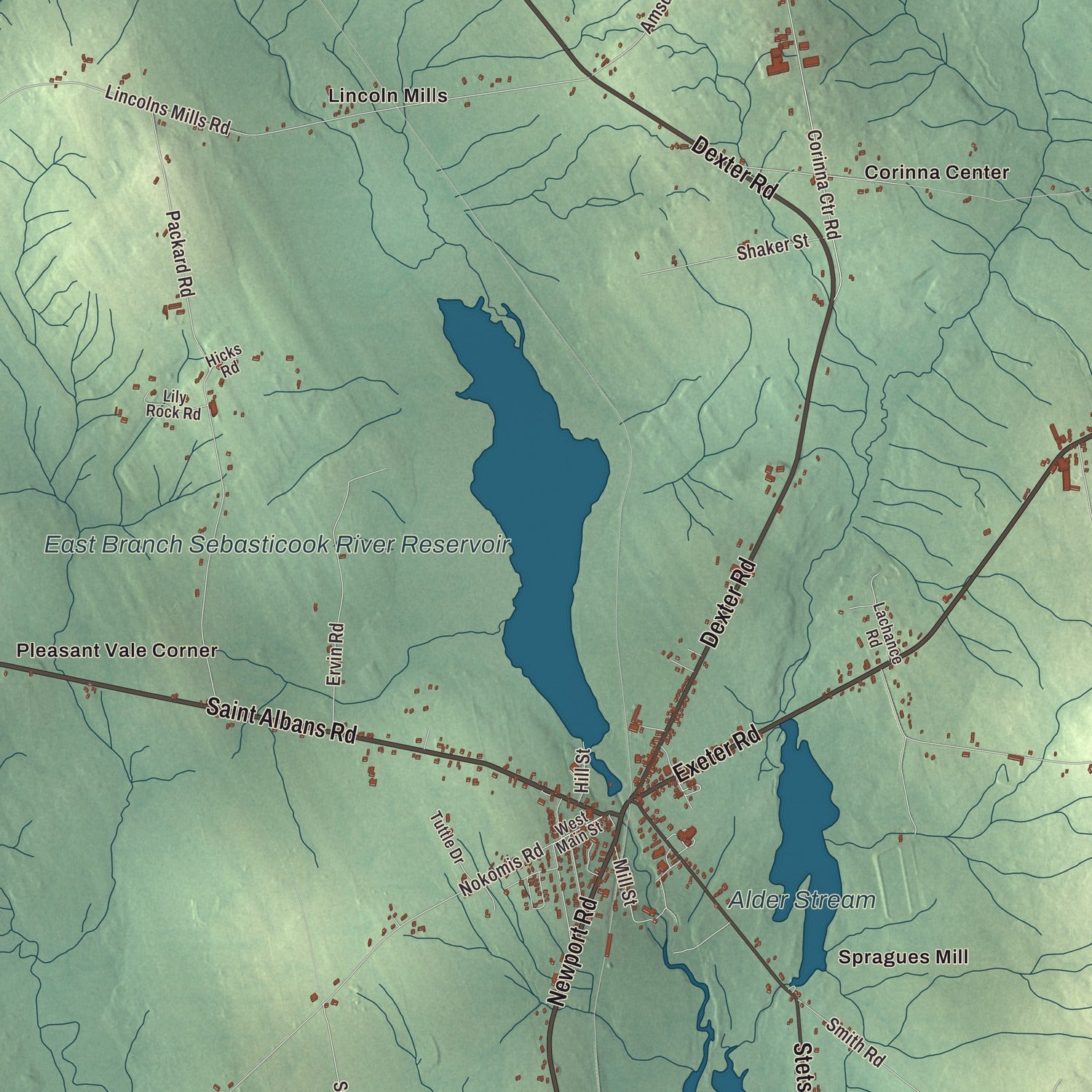 Terrain and local geography detail from the Corinna, Maine map