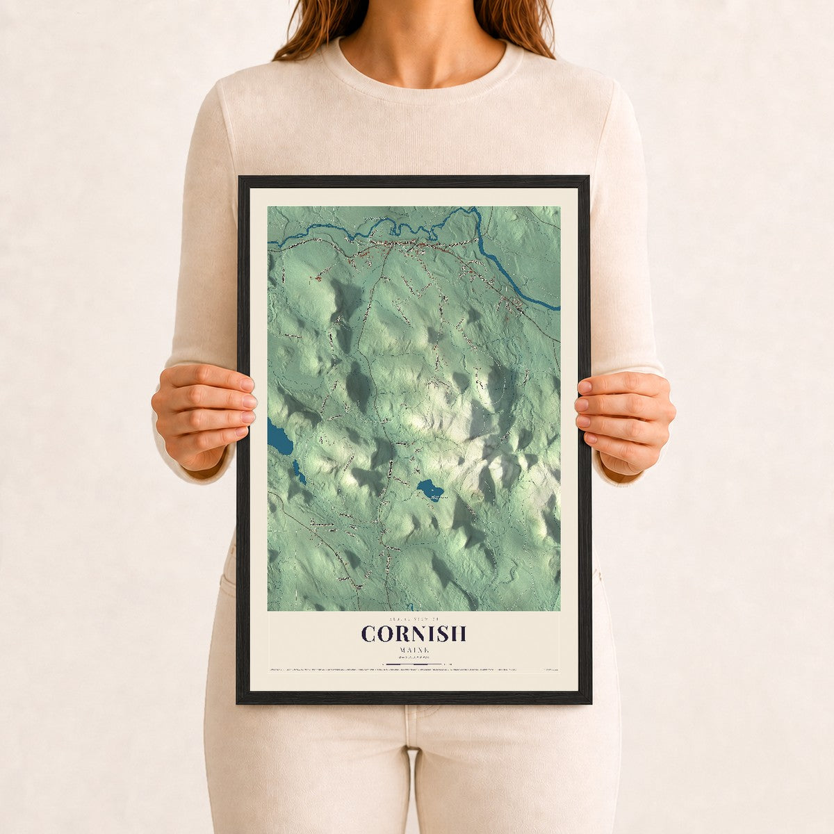 Cornish, Maine map print - 12 x 18 black Ayous wood frame