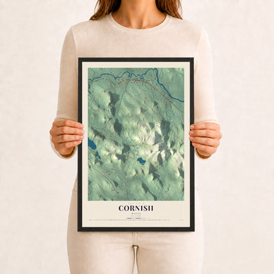 Cornish, Maine map print - 12 x 18 black Ayous wood frame