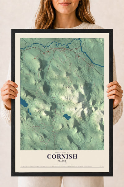 Cornish, Maine map print - 18 x 24 black Ayous wood frame