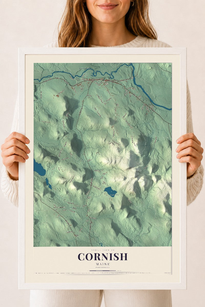 Cornish, Maine map print - 18 x 24 white Ayous wood frame