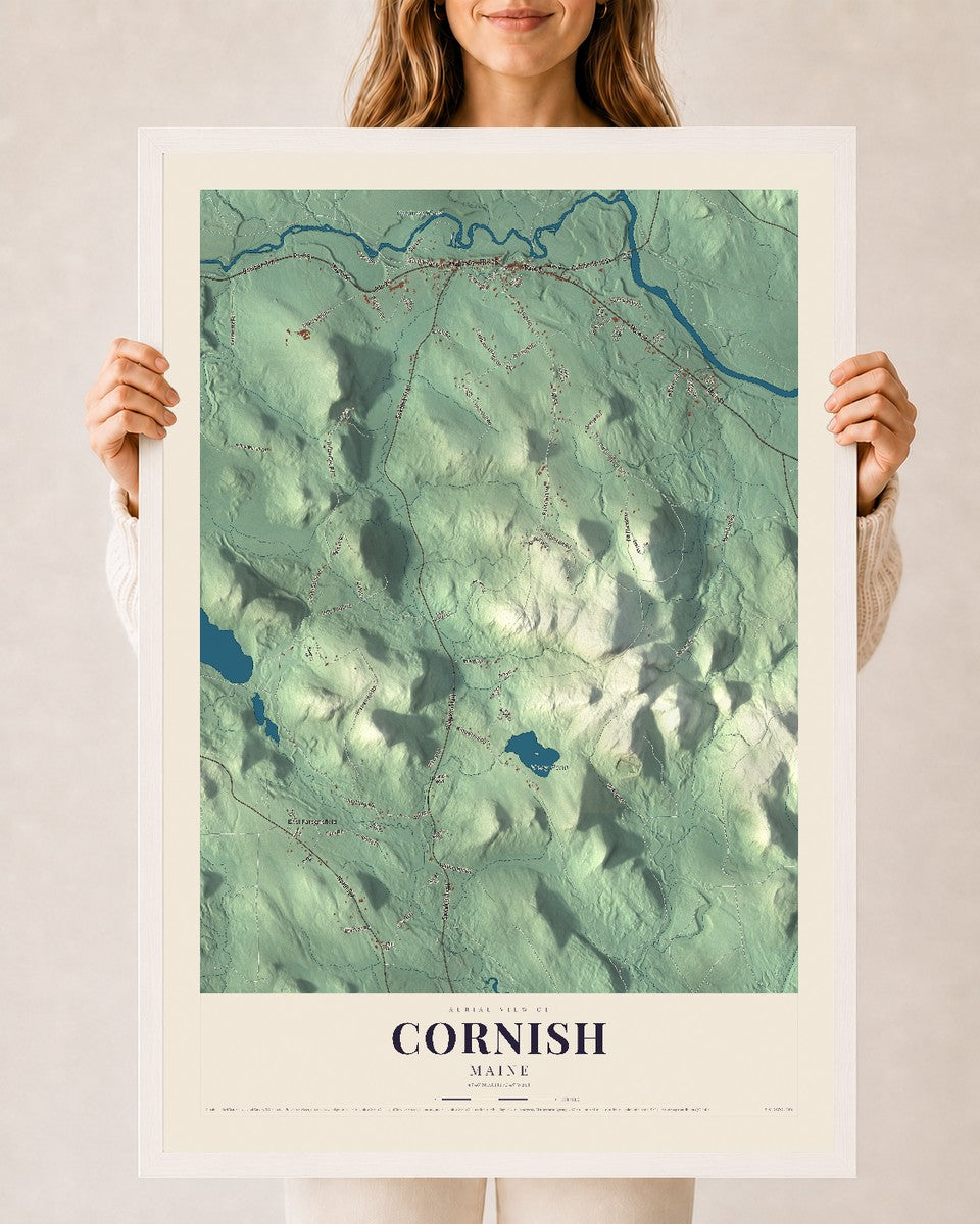 Cornish, Maine map print - 24 x 36 white Ayous wood frame