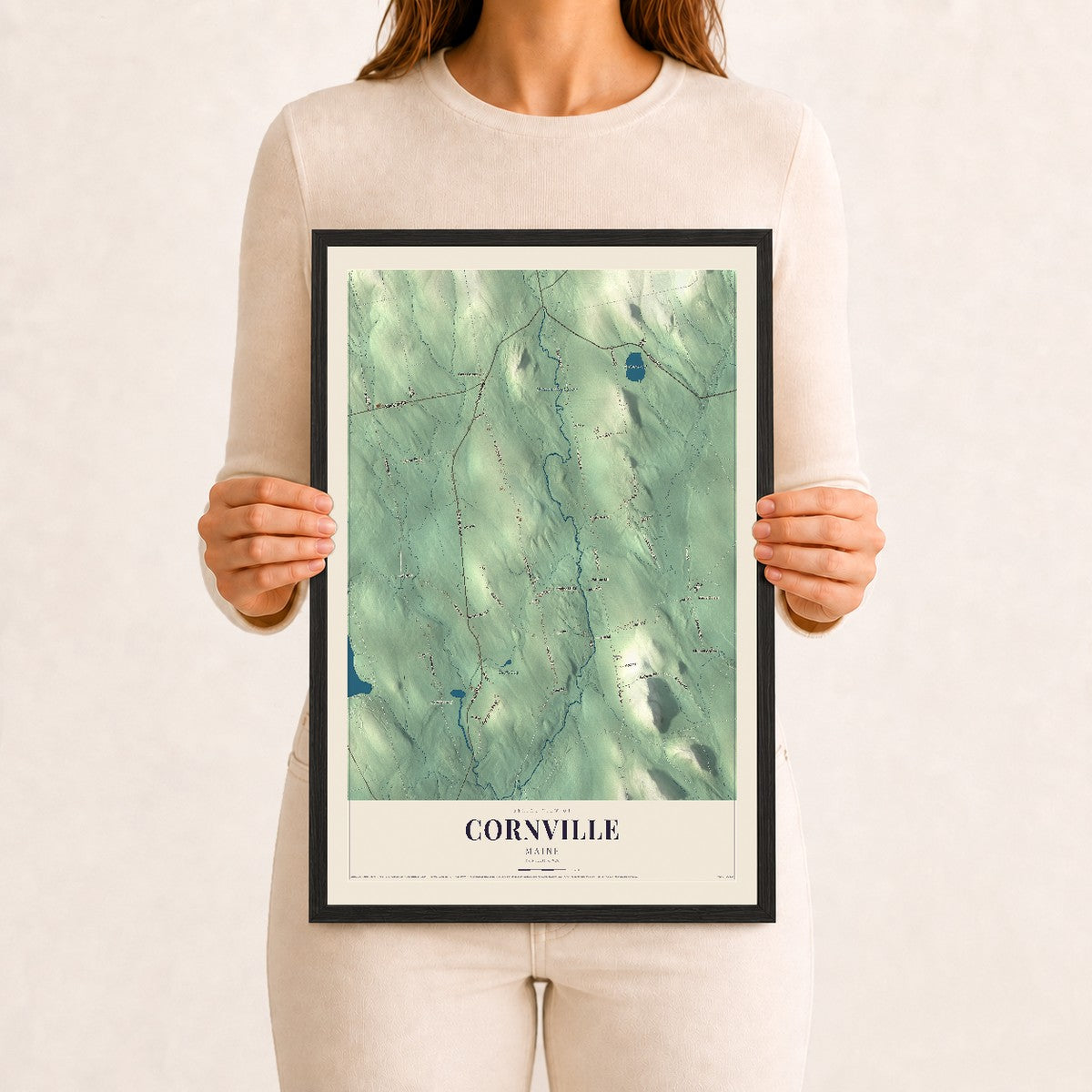 Cornville, Maine map print - 12 x 18 black Ayous wood frame