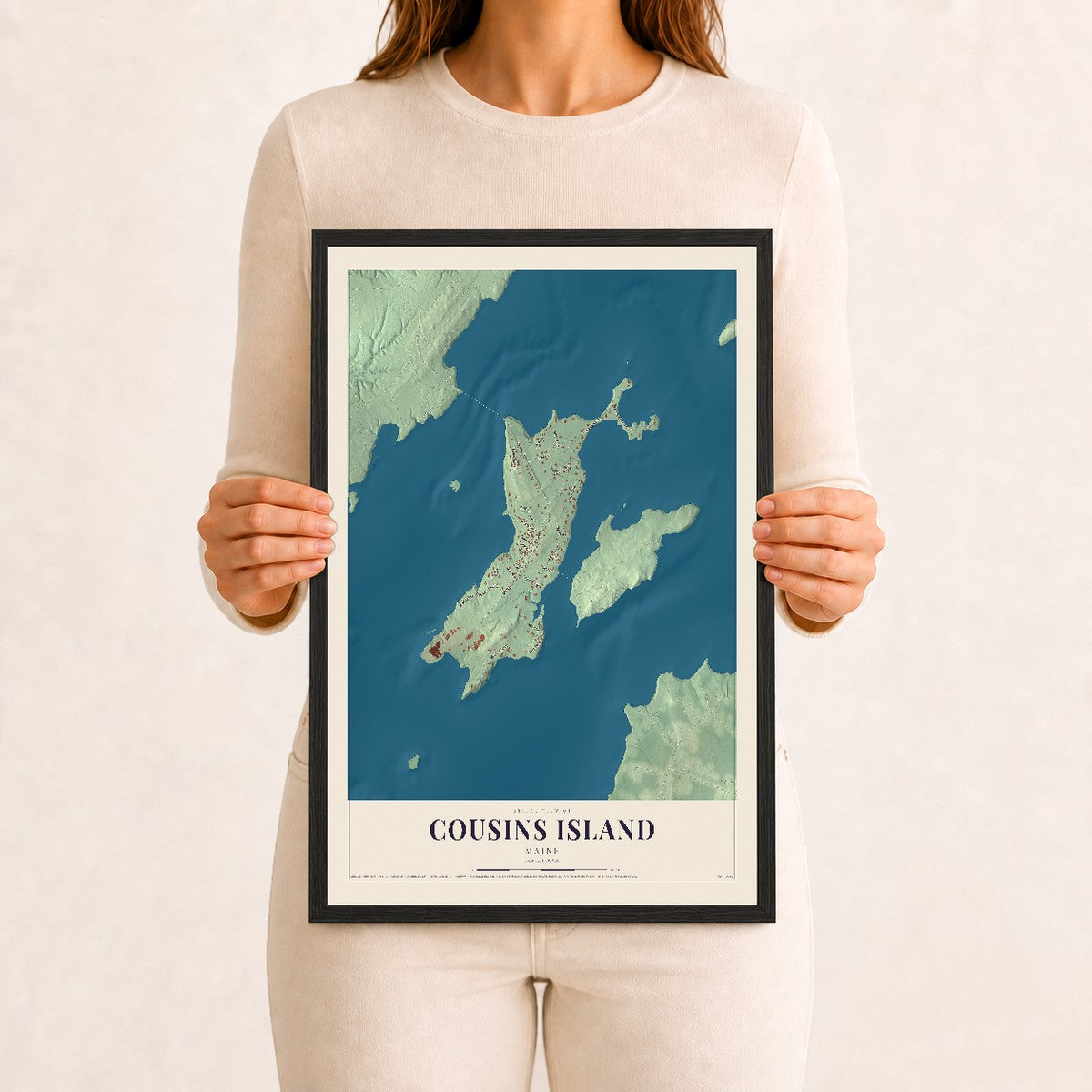 Cousins Island, Maine map print - 12 x 18 black Ayous wood frame