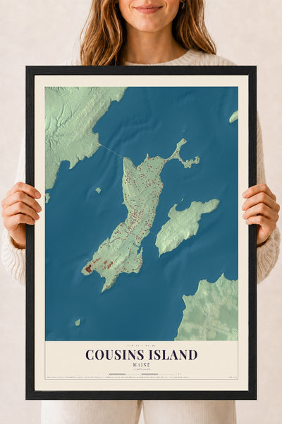 Cousins Island, Maine map print - 18 x 24 black Ayous wood frame