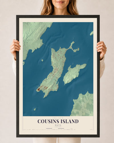 Cousins Island, Maine map print - 24 x 36 black Ayous wood frame