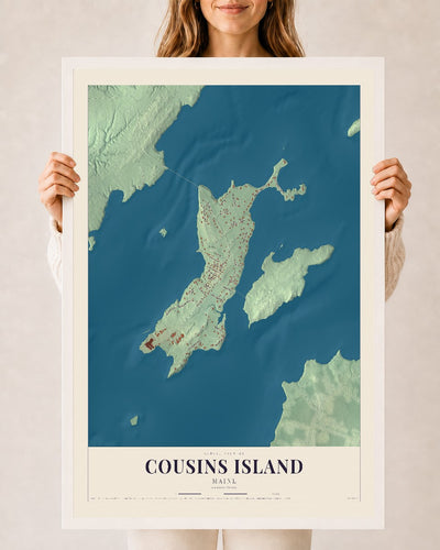 Cousins Island, Maine map print - 24 x 36 white Ayous wood frame