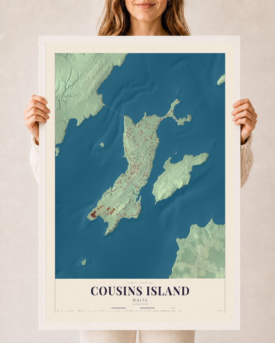 Cousins Island, Maine map print - 24 x 36 white Ayous wood frame