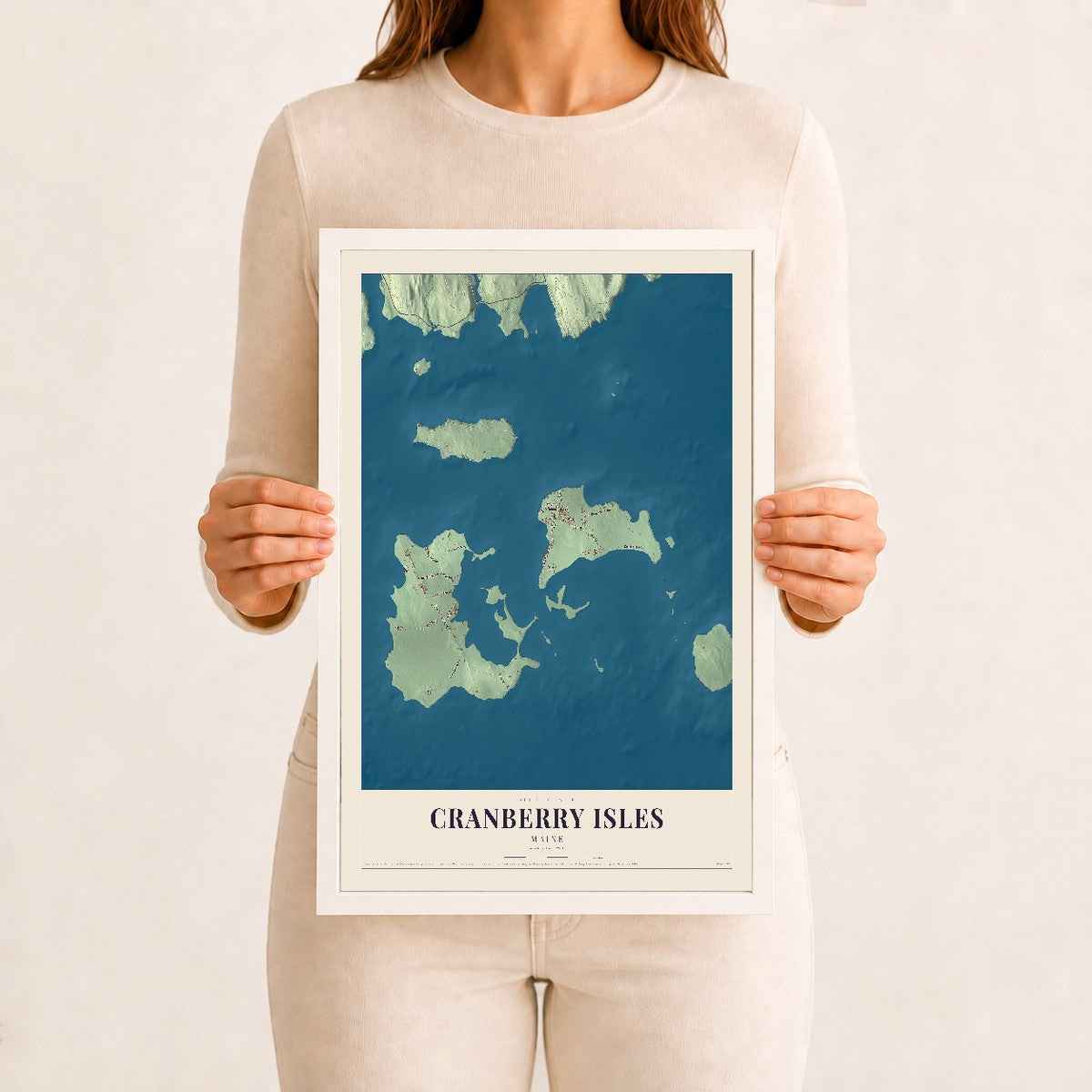 Cranberry Isles, Maine map print - 12 x 18 white Ayous wood frame
