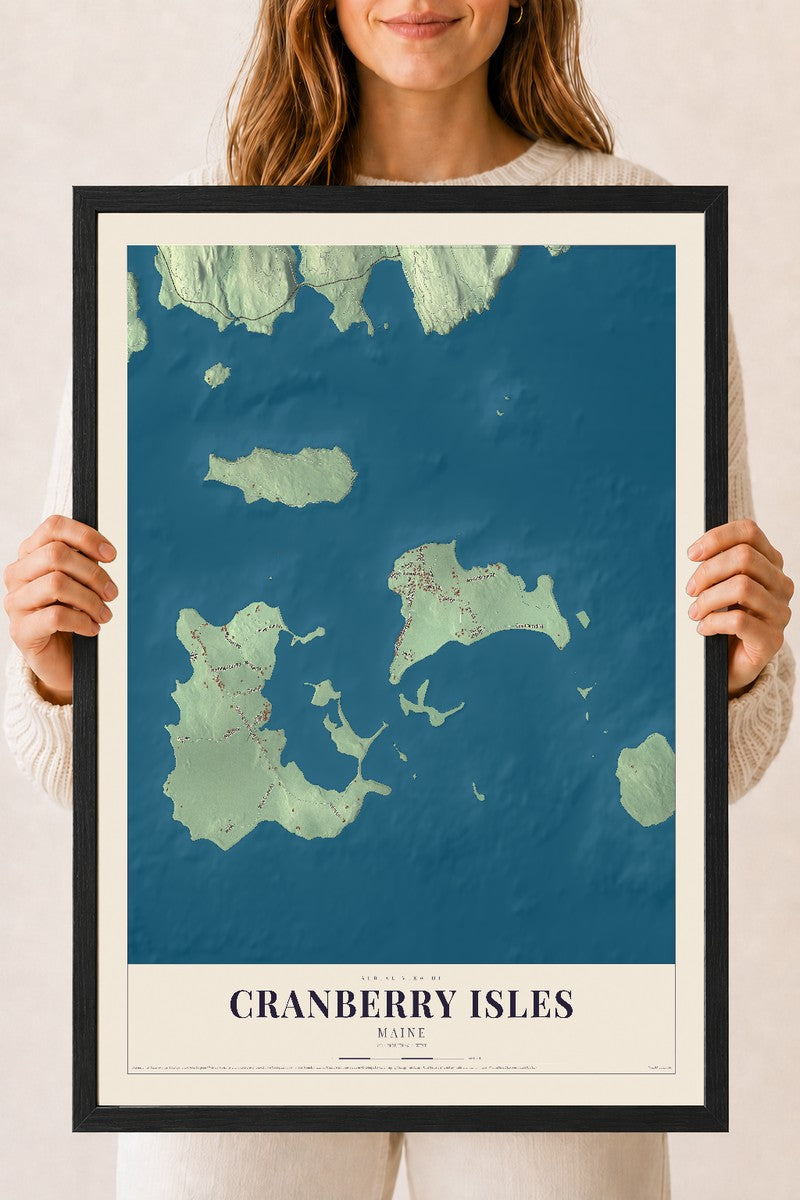 Cranberry Isles, Maine map print - 18 x 24 black Ayous wood frame
