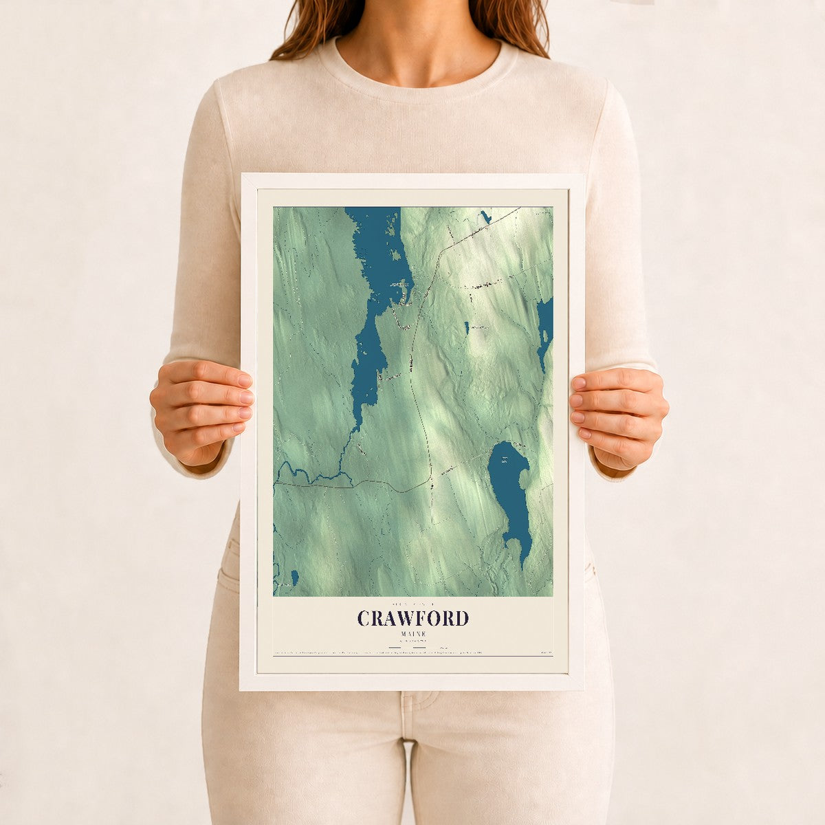 Crawford, Maine map print - 12 x 18 white Ayous wood frame