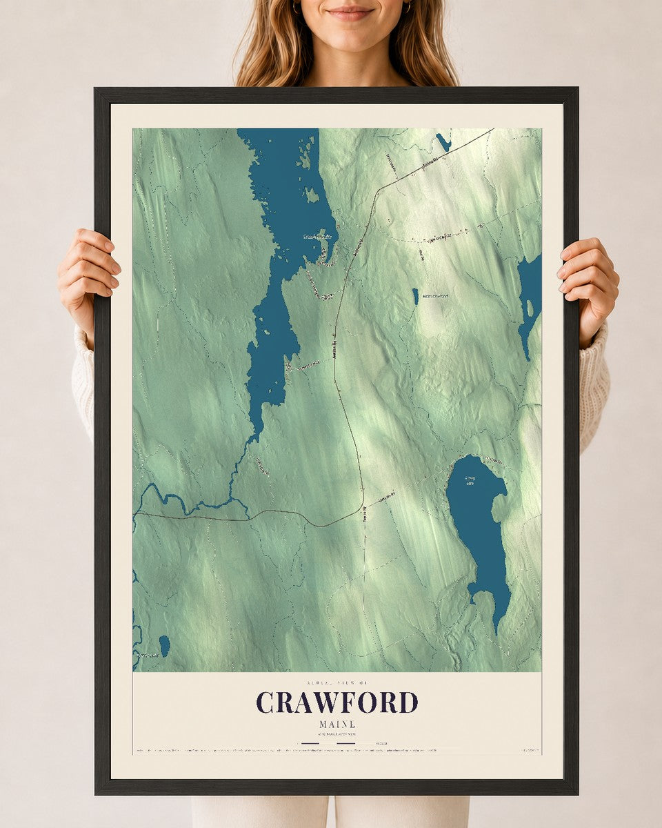 Crawford, Maine map print - 24 x 36 black Ayous wood frame