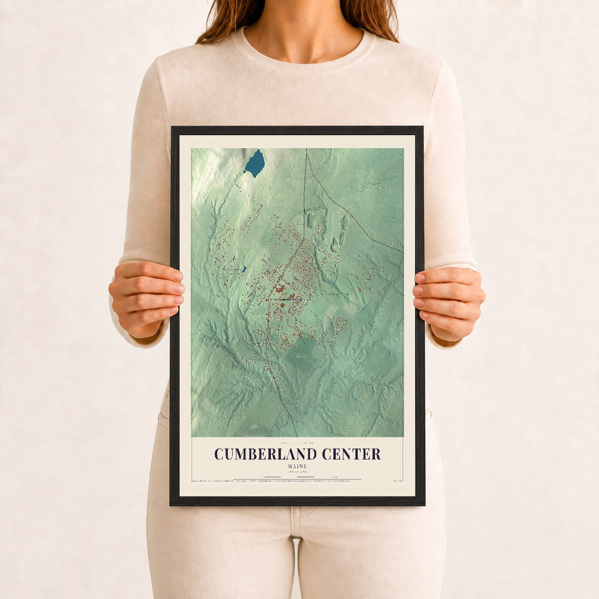 Cumberland Center, Maine map print - 12 x 18 black Ayous wood frame