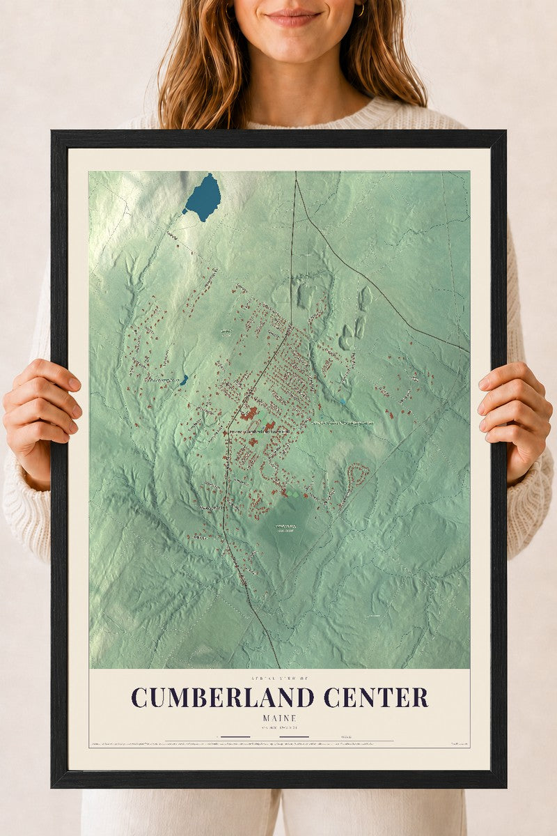 Cumberland Center, Maine map print - 18 x 24 black Ayous wood frame