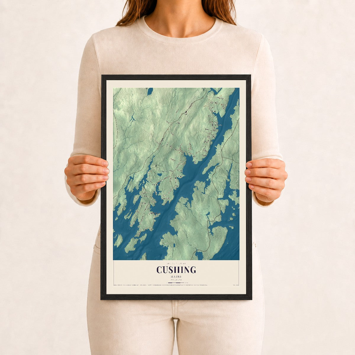 Cushing, Maine map print - 12 x 18 black Ayous wood frame