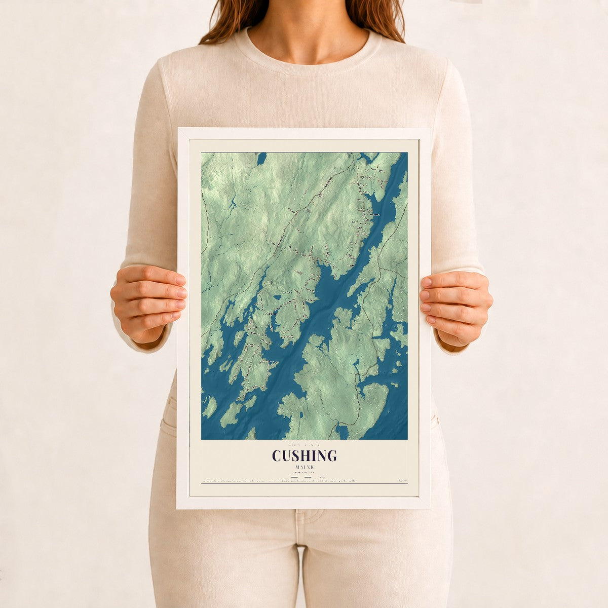 Cushing, Maine map print - 12 x 18 white Ayous wood frame