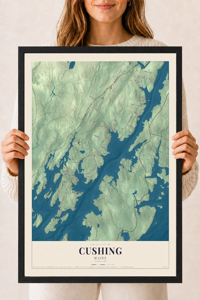 Cushing, Maine map print - 18 x 24 black Ayous wood frame
