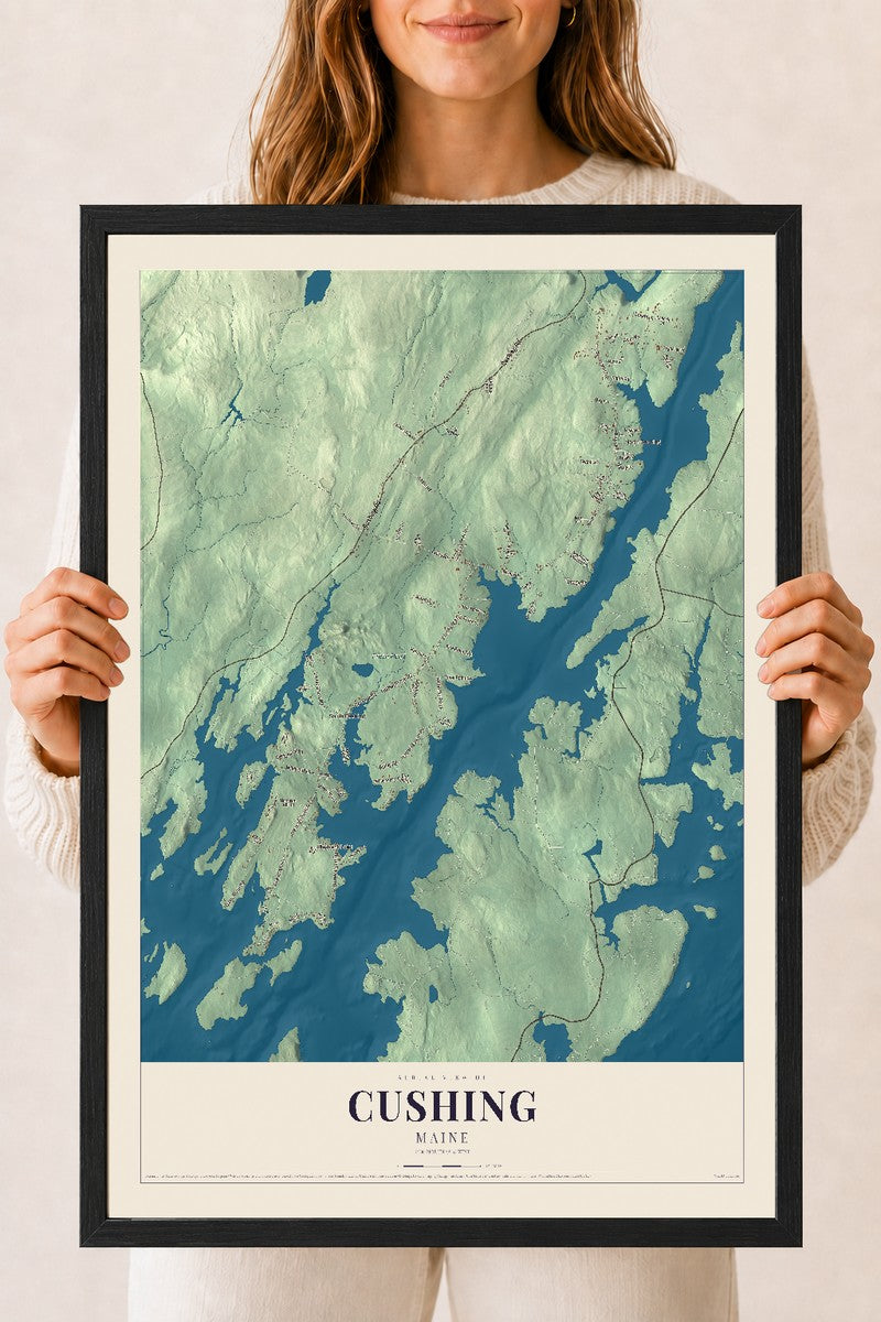 Cushing, Maine map print - 18 x 24 black Ayous wood frame