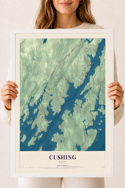 Cushing, Maine map print - 18 x 24 white Ayous wood frame