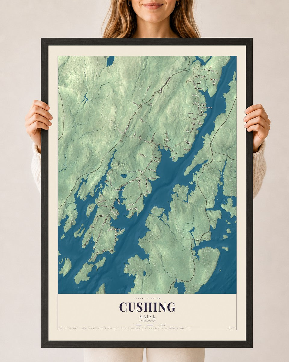 Cushing, Maine map print - 24 x 36 black Ayous wood frame