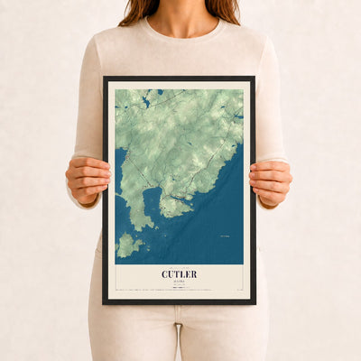 Cutler, Maine map print - 12 x 18 black Ayous wood frame