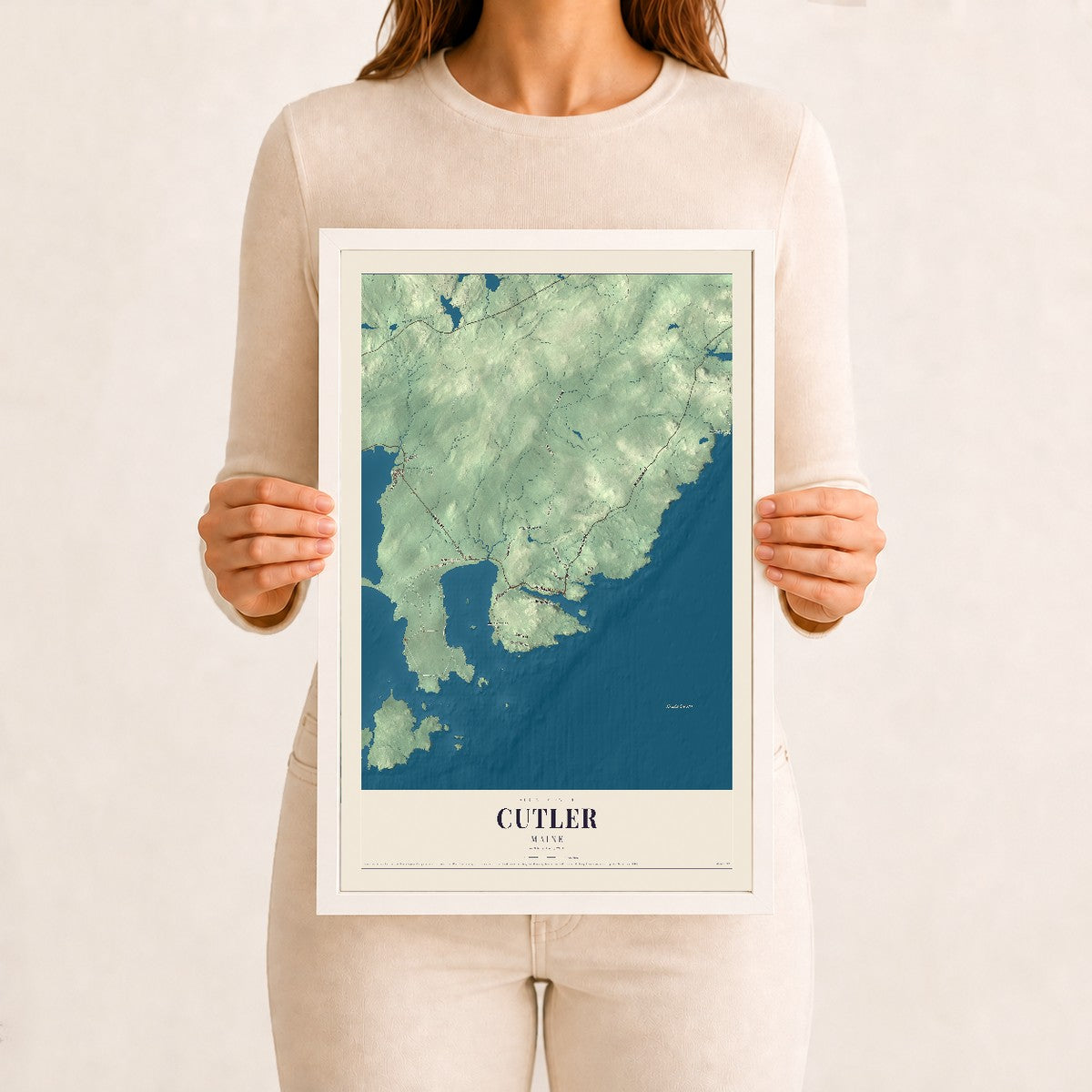 Cutler, Maine map print - 12 x 18 white Ayous wood frame