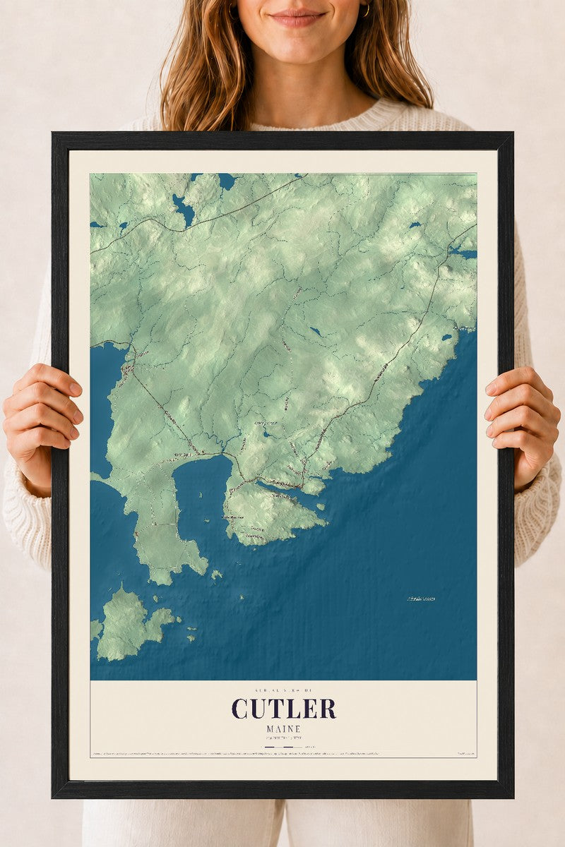 Cutler, Maine map print - 18 x 24 black Ayous wood frame