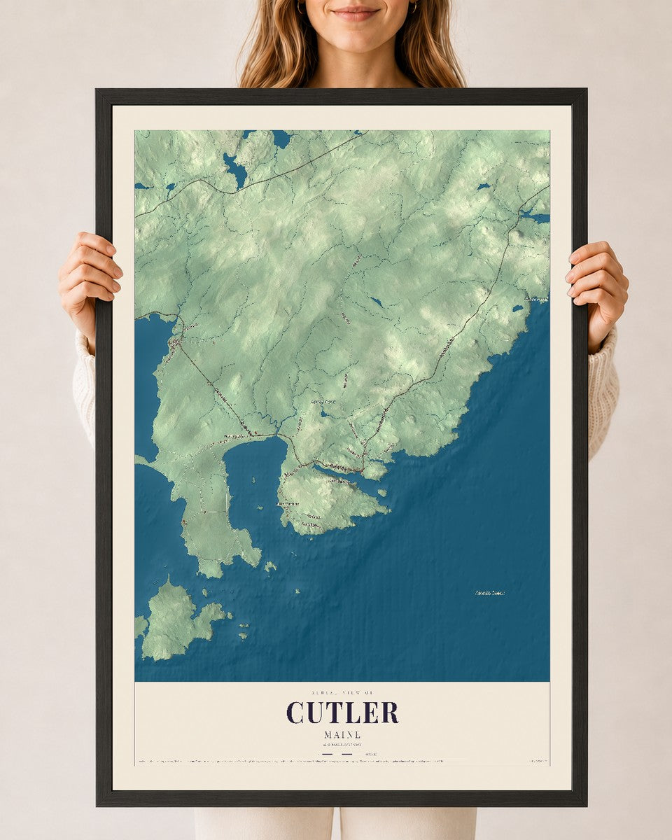 Cutler, Maine map print - 24 x 36 black Ayous wood frame