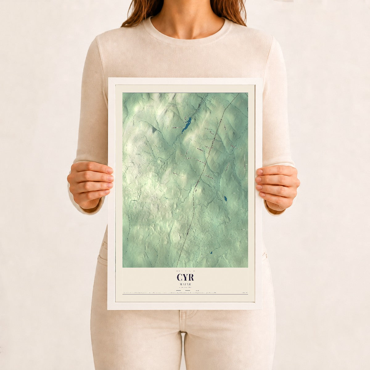 Cyr, Maine map print - 12 x 18 white Ayous wood frame