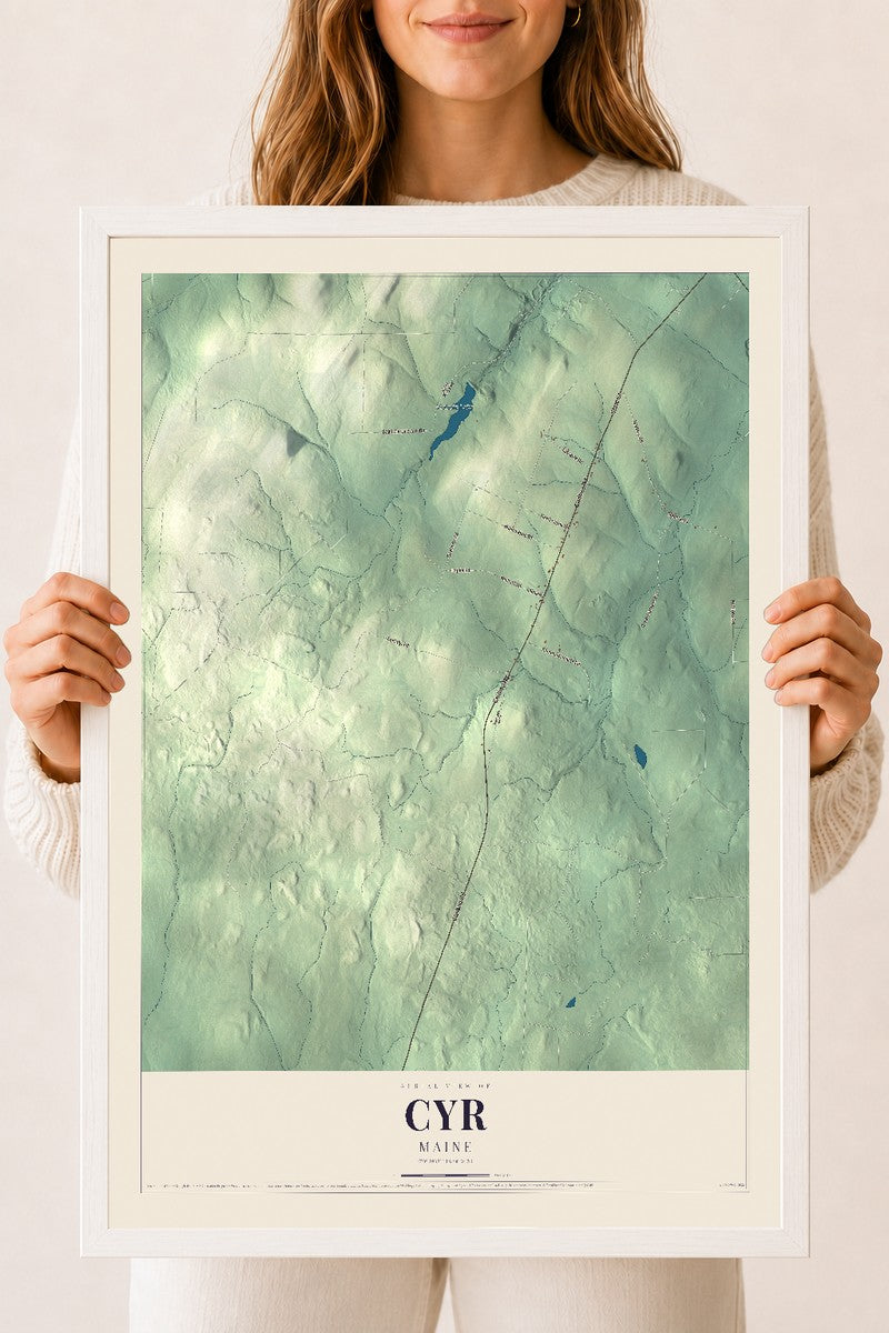 Cyr, Maine map print - 18 x 24 white Ayous wood frame