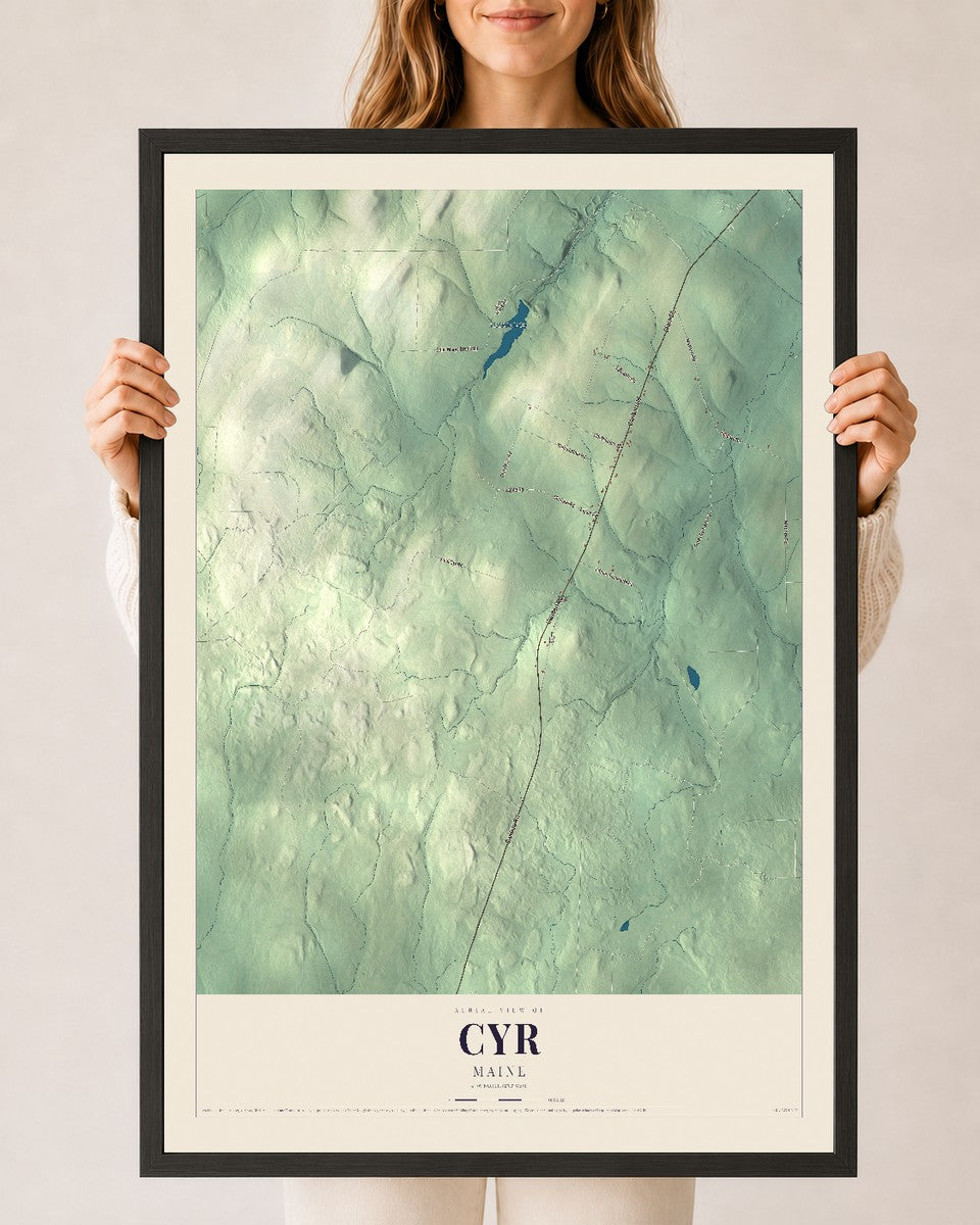 Cyr, Maine map print - 24 x 36 black Ayous wood frame
