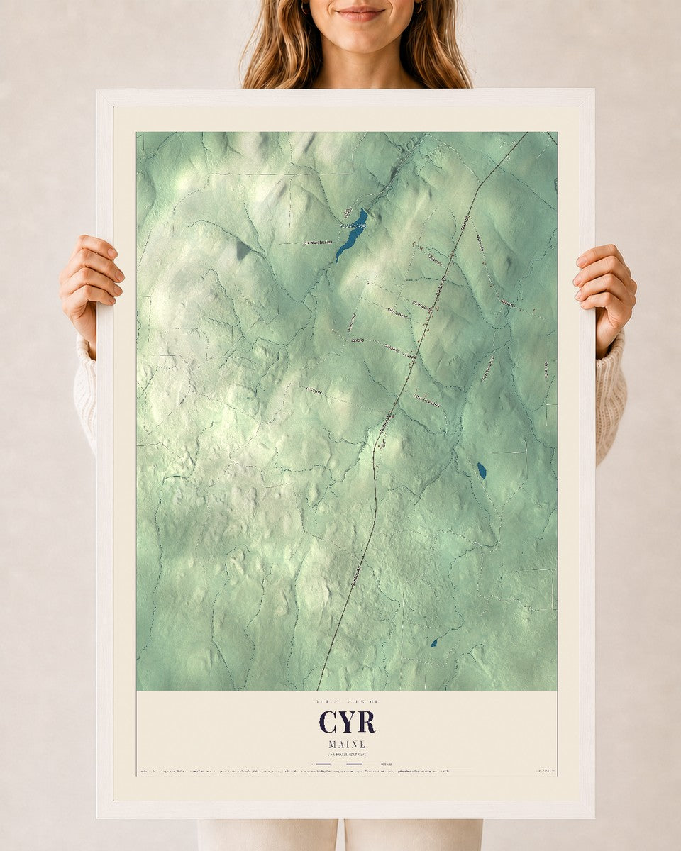 Cyr, Maine map print - 24 x 36 white Ayous wood frame