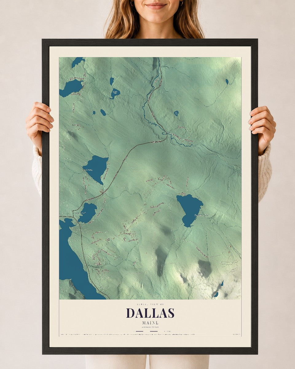 Dallas, Maine map print - 24 x 36 black Ayous wood frame