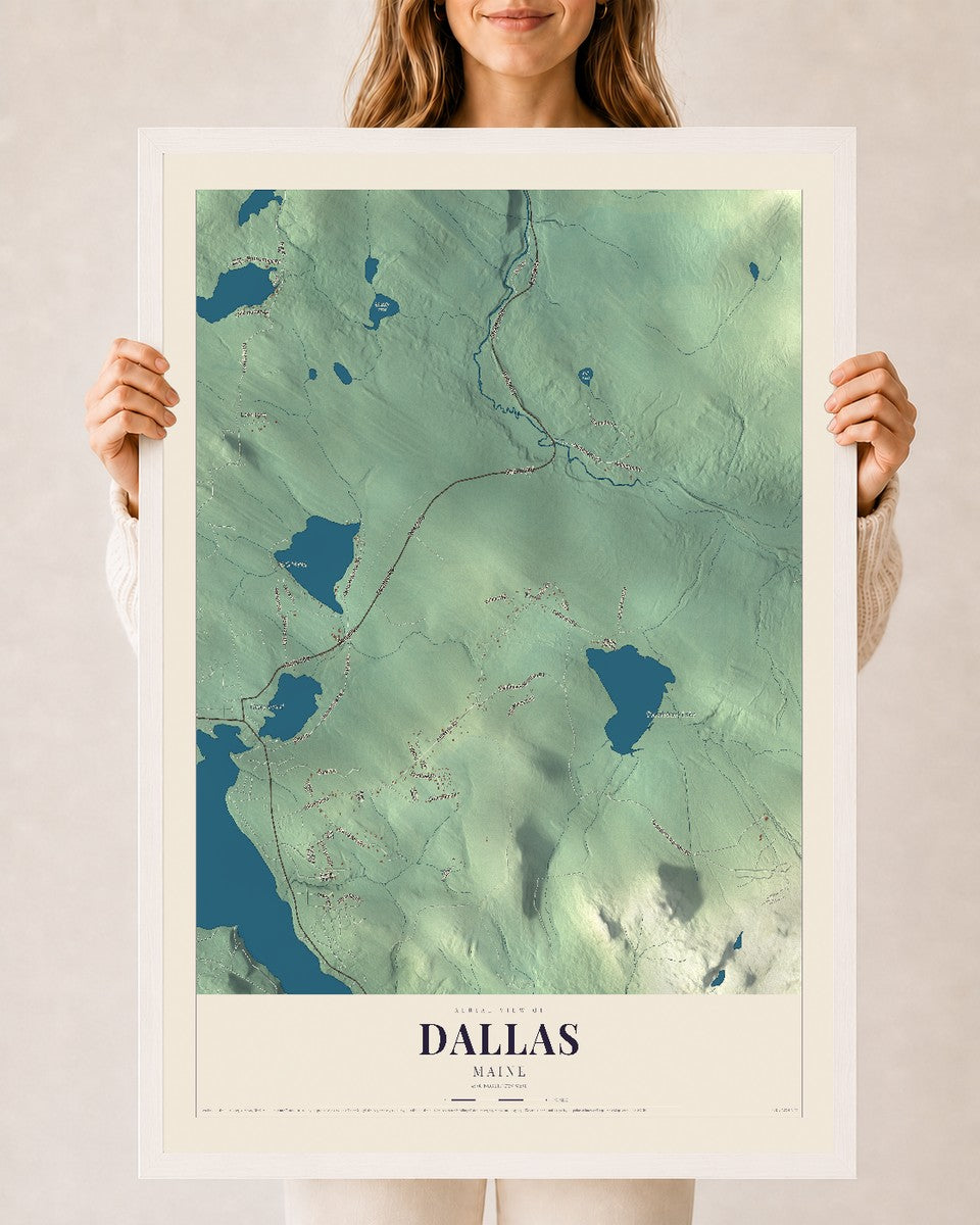 Dallas, Maine map print - 24 x 36 white Ayous wood frame