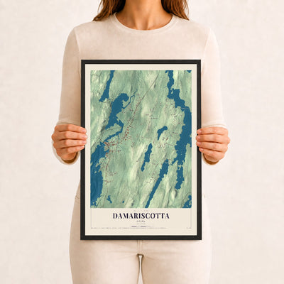Damariscotta, Maine map print - 12 x 18 black Ayous wood frame