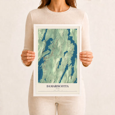 Damariscotta, Maine map print - 12 x 18 white Ayous wood frame