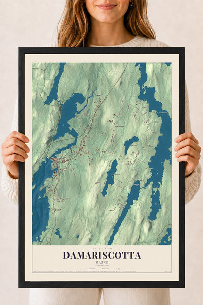 Damariscotta, Maine map print - 18 x 24 black Ayous wood frame