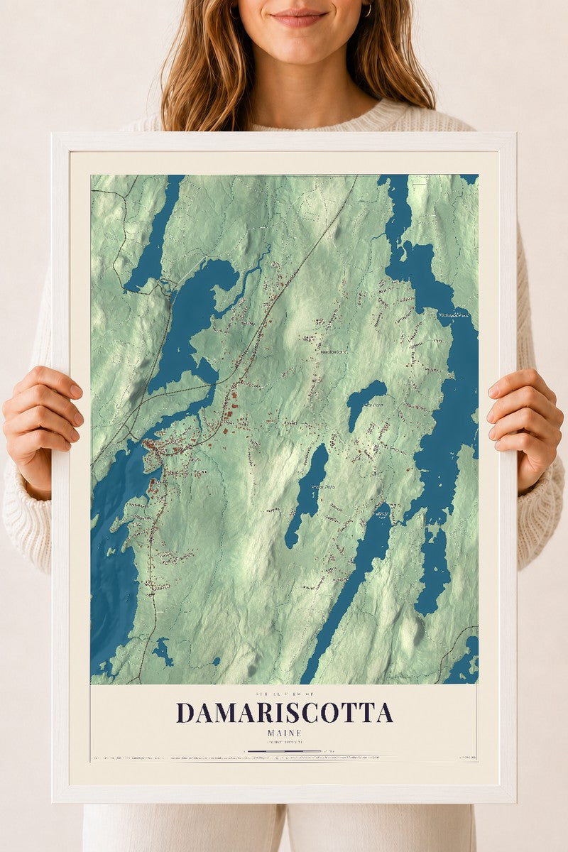 Damariscotta, Maine map print - 18 x 24 white Ayous wood frame