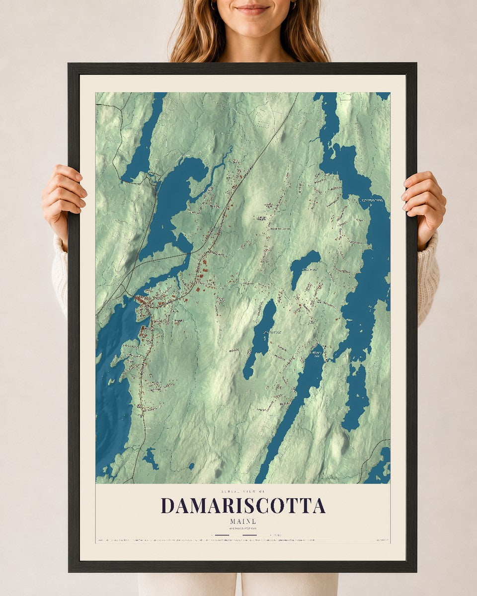 Damariscotta, Maine map print - 24 x 36 black Ayous wood frame