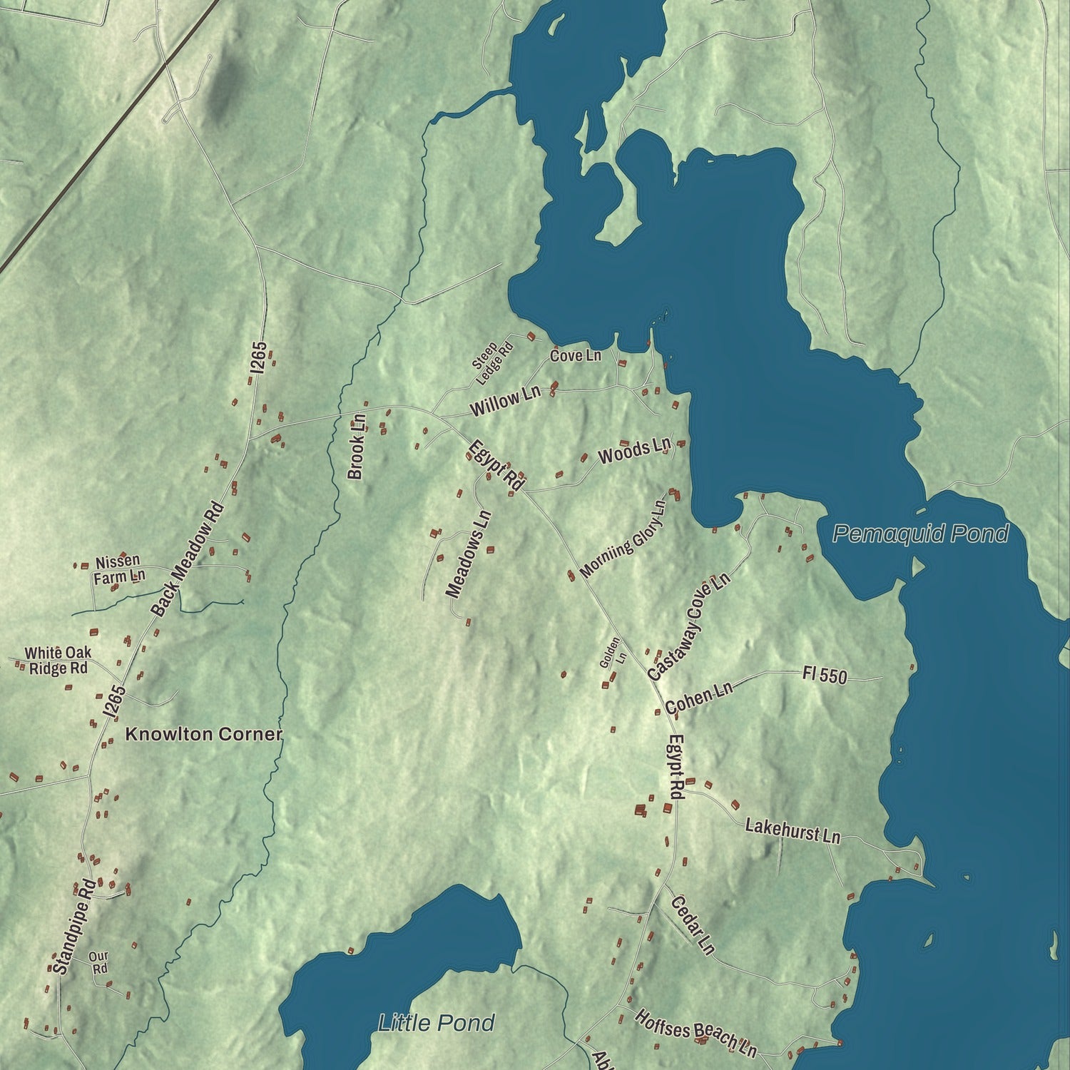 Terrain and local geography detail from the Damariscotta, Maine map