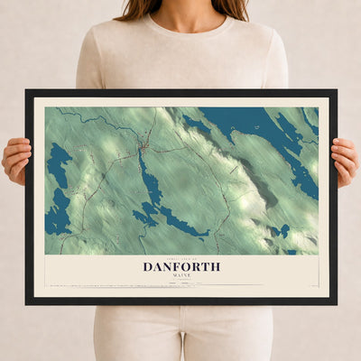 Danforth, Maine map print - 12 x 18 black Ayous wood frame